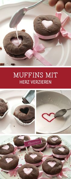 a collage of photos with chocolate donuts and heart shapes on them, including one being cut in half by a knife