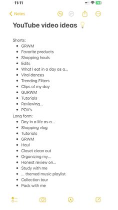 an iphone screen with the words youtube video ideas on it and other texting below