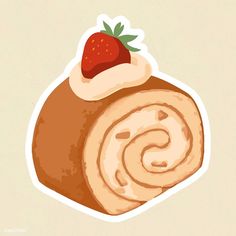 a sticker with a rolled up pastry and a strawberry on top that has been cut in half