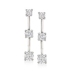 Ross-Simons - C. 1990 Vintage 1.30ct t. w. Diamond Trio Drop Earrings in 14kt White Gold. C. 1990. Punctuated by three dazzling round brilliant-cut diamonds totaling 1.30 carats, these stellar Estate collection drop earrings offer superb sparkle in a unique design that will become the highlight of every outfit. Crafted in polished 14kt white gold. Hanging length is 1". Post/clutch, diamond trio drop earrings. Exclusive, one-of-a-kind Estate Jewelry.. Diamond birthstones are the perfect gift for Classic White Gold Linear Earrings With Prong Setting, Sterling Silver Brilliant Cut Linear Earrings For Anniversary, Classic Brilliant Cut Diamond Linear Earrings, Classic Diamond Linear Earrings With Brilliant Cut, Classic Diamond Linear Earrings With Prong Setting, Silver Classic Linear Earrings With Brilliant Cut, Classic Brilliant Cut Drop Earrings, Classic Silver Linear Earrings With Prong Setting, Classic White Gold Linear Earrings For Formal Occasions