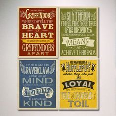 four posters with different sayings on them in various colors and sizes, hanging on a wall