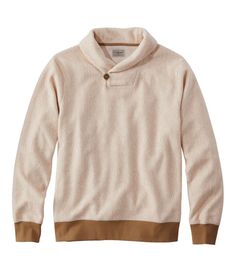 This casual layer is more versatile than most fleece pullovers, but just as comfortable and cozy. Wear it as an alternative to a sweater - it looks great layered over a button-down shirt. Slightly Fitted: Relaxed through the chest and sleeve, with a slightly slimmer waist. Midweight fleece fabric. 55% cotton, 45% polyester. Machine wash and dry. Contrast ribbed trim at cuffs and hem. Shawl-collar neck with button detail. Great layered over a button-down or tee. Heathered fabric has great texture Casual Tops With Fleece Lining For Loungewear, Beige Fleece Tops For Fall, Beige Cozy Fit Top For Layering, Casual Fall Sweater With Fleece Lining, Casual Long Sleeve Sweater With Fleece Lining, Casual Cozy Fit Sweater With Fleece Lining, Cozy Fit Sweater With Fleece Lining For Fall, Cozy Beige Sweatshirt For Layering, Fleece Sweatshirt For Fall Layering