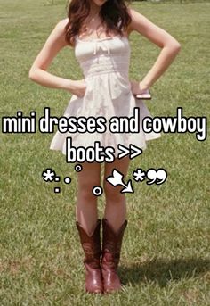 i <3 mini dresses and cowboy boots :) #whisper #cowgirl #outfit #aesthetic #dress white, brown, green aesthetic outfit ideas Old Boots Aesthetic, Cowboots Outfits, 70s Country Fashion, Cowgirl Boots Outfit Aesthetic, Cowgirl Outfit Aesthetic, Brown Green Aesthetic, Outfit Aesthetic Dress, Cowgirl Boots Aesthetic, Green Aesthetic Outfit