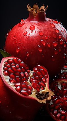 pomegranates with water droplets on them are shown in this photograph,