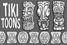 tiki totems with the words tiki toons written in different languages