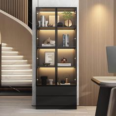 a book case sitting on top of a hard wood floor