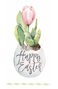 a watercolor painting of a pink tulip in a vase with the words happy easter