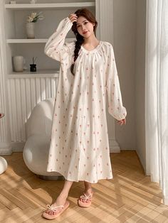 Striped Textured Floral Print Loose Nightgown Apricot Cute  Long Sleeve Knitted Fabric Plants,All Over Print  Non-Stretch All Women Sleep & Lounge, size features are:Bust: ,Length: ,Sleeve Length: Feminine Floral Print Nightgown For Loungewear, Casual Long Sleeve Nightgown With Floral Print, Casual White Floral Print Nightgown, White Floral Print V-neck Sleepwear, Casual V-neck Floral Print Nightgown, Bath Robes For Women, Women's Robe, Women's Nightgowns, Lace Ruffle