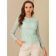 Add a bit of femininity to your look with the ruffle round-neck lace top. It features a long sleeve form, a ruffle neck, and lace fabric. It perfectly matches everyday jeans and skirts for a weekend casual look. A lace top puts a feminine spin on any day or night look with a charming feminine silhouette. Good options for parties, sweet dating, shopping, festivals, banquets, office outfits, casual wear, and daily outfits. Spring Lace Trim Crew Neck Top, Elegant Crew Neck Lace Top With Lace Trim, Party Blouse With Lace Top And Crew Neck, Spring Lace Top With Crew Neck And Lace Sleeves, Spring Long Sleeve Blouse With Scalloped Lace, Long Sleeve Scalloped Lace Blouse For Spring, Spring Lace Top With Crew Neck, Scalloped Lace Long Sleeve Party Tops, Spring Long Sleeve Tops With Scalloped Lace