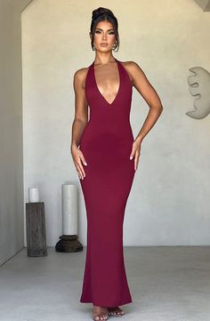 Harmonia Maxi Dress - Burgundy Fitted V-neck Halter Dress For Wedding, Floor-length Bodycon Dress For Date Night, Fitted Halter Neck Maxi Dress For Date Night, Fitted Halter Neck Maxi Dress For Prom, Fitted Halter Neck Maxi Dress For Prom Season, Halter Neck Bodycon Maxi Dress For Date Night, Stretch Halter Dress For Gala, Halter Neck Gown For Prom Season Night Out, Halter Neck Gown For Prom Night Out