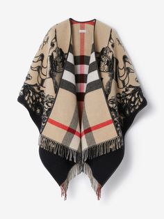 Knight Cape, Burberry Cape, Knight Design, Front Fringe, Burberry Outfit, Wool Cape, Designer Scarves, Jacquard Weave, Fringe Trim