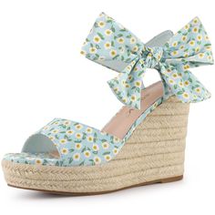 These floral printed wedges high heels add comfort and style to your everyday look. Easy to pair with favorite denim jeans, shorts, skirts, and your everyday casual wear! Featuring a bow, platform, slingback, ankle strap, floral print, and espadrille heels, these wedge sandals are versatile and stylish. Vamp is made of fabric, while the outsole and heel are crafted from PVC and TRP. Heel height is 4 1/2 inches and platform height is 1 3/8 inches. Please note that color may vary slightly accordin Blue Wedge Sandals, Floral Wedges, Blue Wedges, Wedges Sandals, High Heel Wedges, Black Wedge, Black Wedge Sandals, Espadrille Wedge, Fashion Dresses Casual