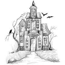 a drawing of a house with bats flying around it