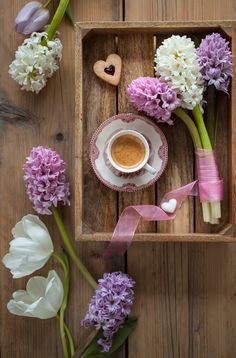 purple and white flowers in a wooden box with a cup of coffee on the side