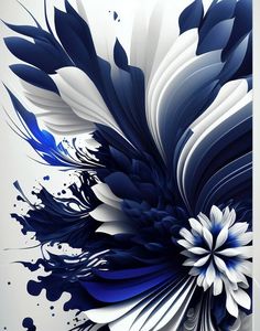 an abstract painting with blue and white flowers