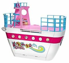 a pink and white boat with blue railings on the top is in front of a white background