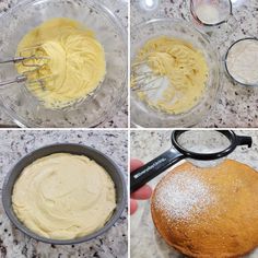 four pictures showing how to make cake batter