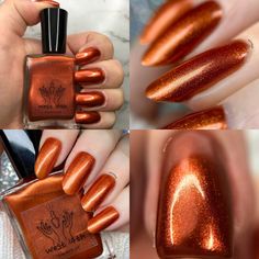 Orange And Bronze Nails, Shimmery Orange Nails, Fall Season Nails Colors Orange, Dark Orange Glitter Nails, Nail Designs Copper, Copper Dip Nails, Burnt Orange Glitter Nails, Copper Colored Nails