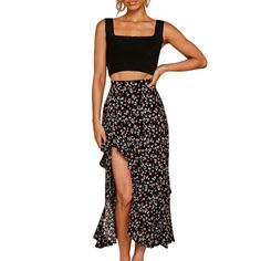 Black Elastic Waist High Low Ruffled Floral Skirt Black Asymmetrical Ruffled Wrap Skirt, Black Floral Print Skirt For Summer, Black High Waist Skirt For Summer, Spring Black Maxi Skirt With Ruffle Hem, Fitted Black Bottoms For Brunch, Casual Fitted Maxi Skirt With Ruffle Hem, Fitted Casual Maxi Skirt With Ruffle Hem, Black Floral Print Tiered Skirt, Black Pleated Maxi Skirt For Summer