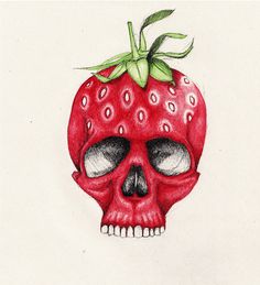 a drawing of a skull with a strawberry on it's head