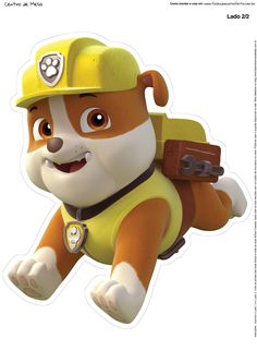 a cartoon dog wearing a yellow hat and carrying a backpack with the number two on it