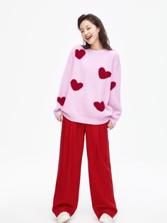 Details: Dreamy sweet pink coloured heart jumper Scattered irregular love heart pattern, red and pink clashing colours Loose oversize fit Materials & Care: Body pink parts: Cashmere 100%Main body red parts: Nylon 36.5%, Mohair 29.4%, Lambswool 26.7%, Spandex 7.4% Non-washable, gentle dry cleaning Do not bleach Size & Fit: Model is 5'7", Bust 32, Waist 24, Hips 35, wearing a size S Item #: JM4KT03 Clashing Colours, Valentines Fashion, Heart Jumper, Healing Heart, Heart Sweater, Chic Me, Heart Patterns, Oversized Fits, Business Casual