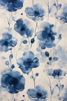 an abstract painting of blue flowers on a white background