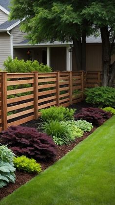 a wooden fence in front of a house with flowers and plants growing on the side