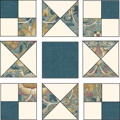 nine different quilt blocks with blue and white designs on the top one has an image of birds