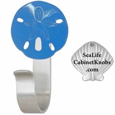 an image of a blue sand dollar on a metal hook with the sealife cabinet knobs com logo below it