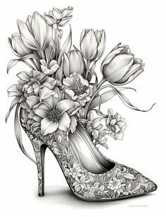 a drawing of a high heeled shoe with flowers in it