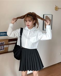 White Crop Shirt | Yuna - ITZY S White School Blouse For Spring, White Blouse For School In Spring, White Spring Blouse For School, White Long Sleeve Blouse For School, Yuna Casual Outfit, Trendy School Shirt For Spring, Casual White Blouse For School, Casual White School Blouse, Yuna Itzy Casual Outfit