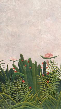 a painting of green plants and flowers on a white background