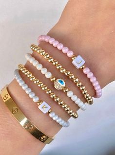 Flirty and feminine - these pastel and gold filled stacks are perfect for everyday wear! Colorful Bracelet Stack, Bracket Stacks, Preppy Bracelet Stack, Preppy Jewlery, Pretty Stacks, Bracelets Preppy, Gold Beaded Bracelets, Bracelets Pink, Preppy Bracelets