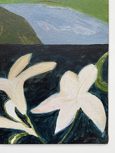 a painting of two white flowers on a black surface with mountains in the distance behind it