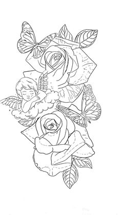 flowers and butterflies are drawn in black ink