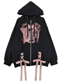 Elevate your casual wardrobe with this stylish butterfly print zip closure hoodie. Designed for convenience, this hoodie features a front zipper closure that makes it easy to put on and take off. The standout butterfly print adds a touch of whimsy and charm, while the cross-lace design on the pockets brings an extra layer of design sophistication. Perfect for those who appreciate both comfort and style, this hoodie is a must-have addition to your collection.  Please note that the price includes Graphic Butterfly, Steampunk Fashion Male, Gothic Skirts, Hoodie Graphic, Black Butterfly, Steampunk Fashion, Lace Design, Butterfly Print, Punk Fashion