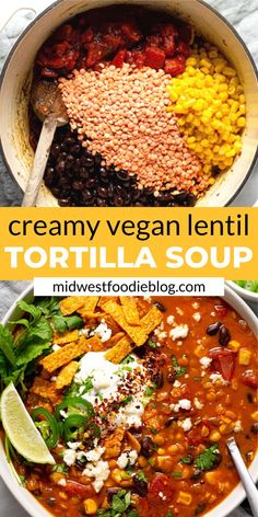 a bowl filled with tortilla soup and topped with sour cream, corn, black beans