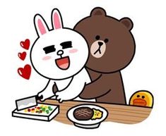 a cartoon bear and bunny eating food on a table with hearts flying above them,