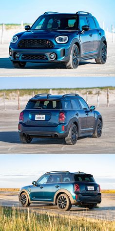 three different cars parked on the beach side by side, one in blue and one in black