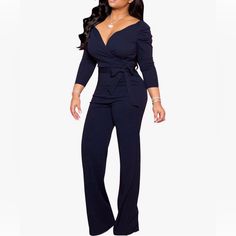 This Iconic And Classic Wide-Leg Jumpsuit Can't Be Missed In Your Wardrobe. The Jumpsuit Features A V-Neck, Wide Leg, Long Sleeve, Belt, High Waist, Loose Fit, Stretchy, And Back Zipper. Nice Fabric: High Quality, Very Soft, And Comfortable To Wear Material: Polyester & Spandex. Navy Blue Nwot Chic Solid Color V-neck Bodysuit, Blue V-neck Bodysuit For Party, V-neck Solid Color Bodysuit For Party, V-neck Bodysuit For Workwear, Solid V-neck Bodysuit For Work, Non-stretch V-neck Jumpsuits And Rompers For Night Out, Non-stretch V-neck Jumpsuit For Night Out, V-neck Non-stretch Jumpsuits And Rompers For Night Out, V-neck Non-stretch Jumpsuits For Night Out