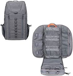 the back and side view of a backpack with compartments on each side, both open