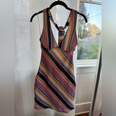 Never Been Worn Brand New! Cover Up Or Cute Mini Dress Trendy Striped Mini Dress For Beach, Casual Pink Halter Neck Mini Dress, Pink Knit V-neck Dress, Striped Bodycon Beach Dress, Striped Bodycon Dress For The Beach, Casual Multicolor Stretch Mini Dress, Casual Stretch Multicolor Mini Dress, Trendy Pink Knit Dress, Beach Striped Stretch Dresses