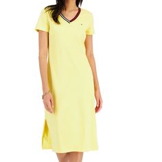 Brand New With Tag Tommy Hilfiger V Neck Yellow Midi Dress In Size S Tommy Hilfiger Summer Midi Dress, Tommy Hilfiger Midi Dress For Summer, Casual Tommy Hilfiger Spring Dresses, Tommy Hilfiger Summer Midi Dress Knee-length, Tommy Hilfiger Knee-length Summer Midi Dress, Tommy Hilfiger Summer Knee-length Midi Dress, Tommy Hilfiger Spring Daywear Dresses, Casual Tommy Hilfiger Day Dresses, Tommy Hilfiger Casual Day Dresses