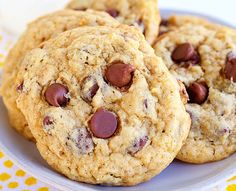 three chocolate chip cookies on a plate