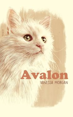 a white cat with green eyes and the words avalon written in red on it