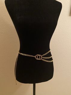 Fashion Gold Triple Chained Belt with side hoops Chic Body Chain With Chain Strap For Night Out, Trendy Double Chain Waist Chain, Chic Double Chain Waist Chain For Party, Chic Adjustable Body Chain, Chic Metal Body Chain With Adjustable Chain, Metal Body Chain With Chain Strap For Night Out, Chic Adjustable Metal Body Chain, Trendy Gold Body Chain, Trendy Double Chain Waist Chain For Party