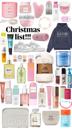 the contents of a christmas gift list are shown in this collage, including bath products and personal care items