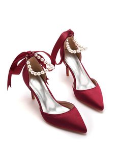 Colors: Deep Red , Rose Red, Royal Blue, Black 
 
 
 
 
 
 Sole: Rubber Upper: Satin 
 Heel Length: 7.5 cm 
 
 
 
 
 
 
 Package Size: 30*14*11 cm Weight: 0.653 kg Package Content: 1 Pair x Women's Heels Size: There are 9 sizes available. Note: Please compare the detail sizes with yours, make sure you choose the correct size before purchase. If your feet are a little fat and wide, it is recommended to choose a larger size, thanks. Pearl Heels, Pearl Ribbon, Strap High Heels, Knit Sweater Outfit, Halter Dress Short, Coat Shoes, Elegant High Heels, Ankle Strap High Heels, Satin Heels