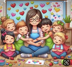 a woman sitting on the floor surrounded by children in front of a wall with hearts